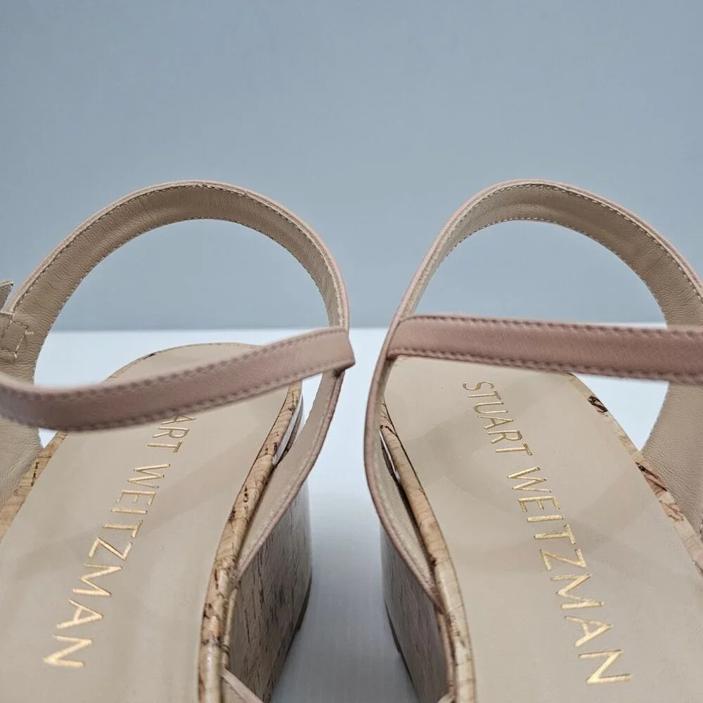 Stuart Weitzman Carmen Midi Wedge Sandal Womens 9.5 Beige Tan Platform Cork